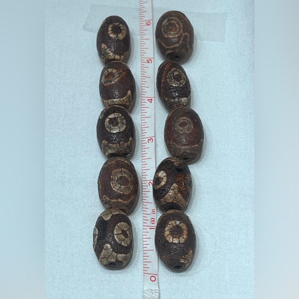 DZI Tibetan Agate Barrel Beads 10 pc Set. About 12”